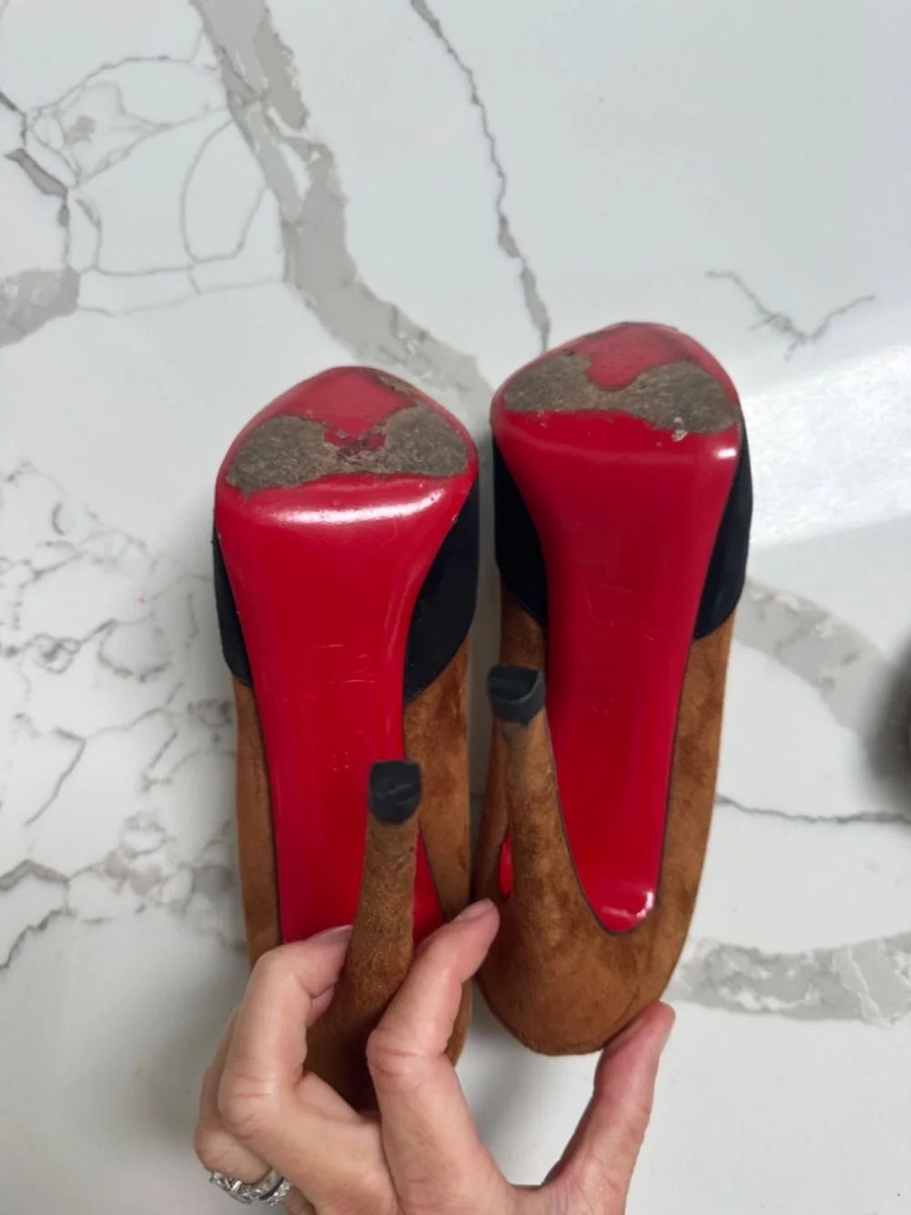Christian Louboutin Suede Black and Camel Brown Heels Gold Toe 36 Sz